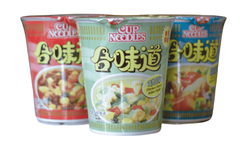 3 Noodle pots in a row in different flavours