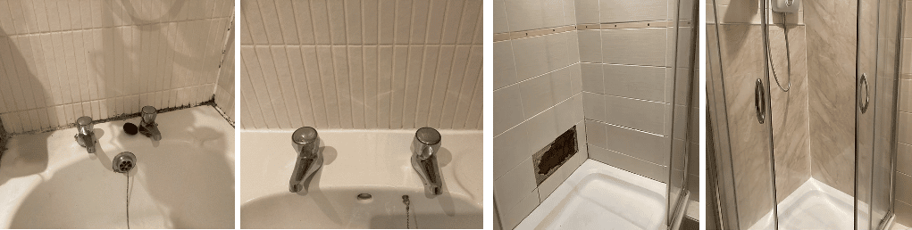 before and after of a cleaned shower and sink
